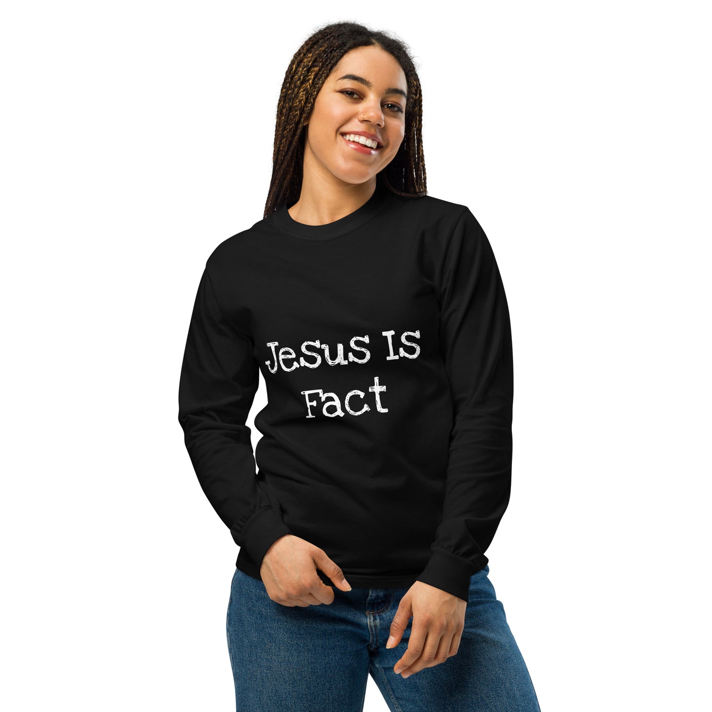 "Jesus Is Fact" Garment-dyed heavyweight long-sleeve shirt